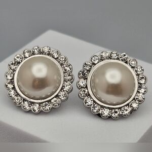 Faux Pearl & CZ Cluster Stud Earrings Silver Tone 3/4” Classic Bride Wedding